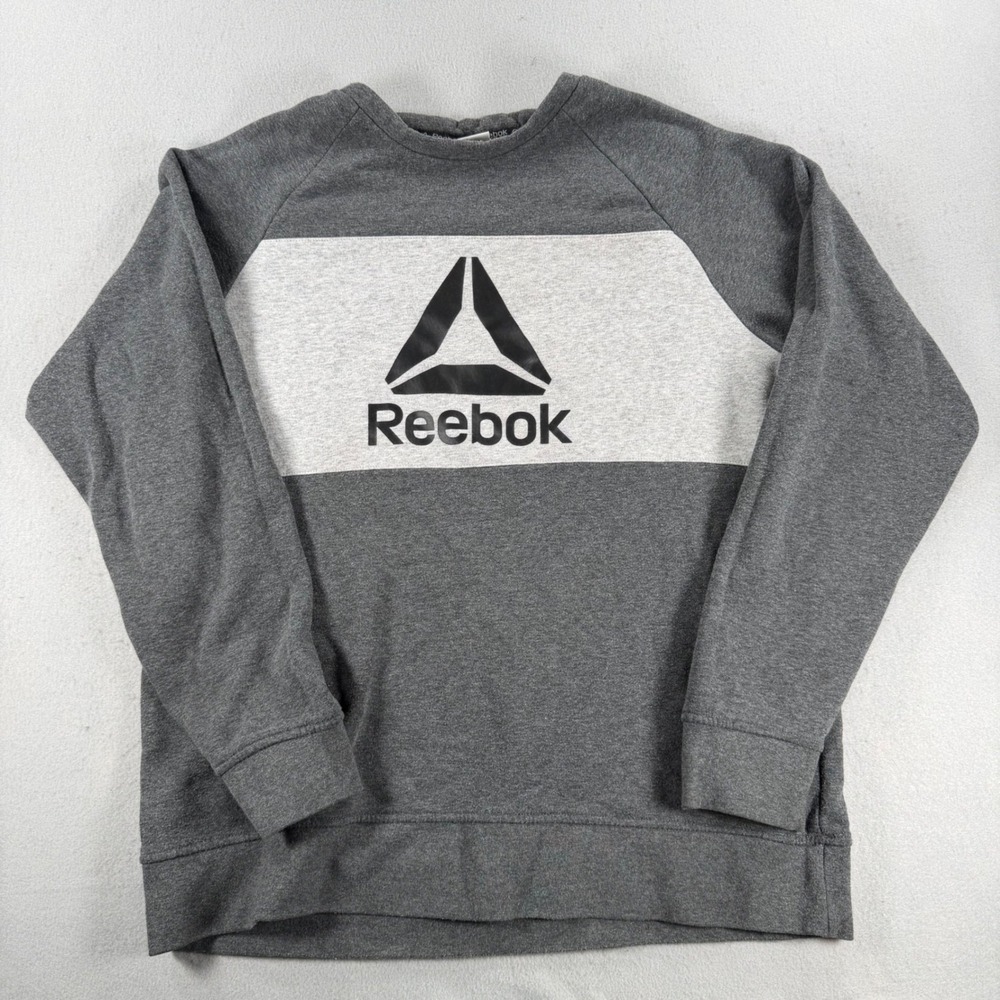 Y2k Reebok Mens Gray Colorblock Logo Graphic Crewneck Sweatshirt Pullover Fleece